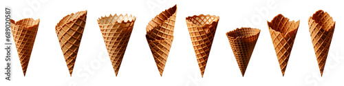 Big set with waffle cones for ice cream isolated on transparent background cutout. Mock up ice cream template for design.