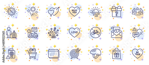 Outline set of Baggage, Miss you and Delivery line icons for web app. Include Spf protection, Secret gift, Bicycle helmet pictogram icons. Archery, Shopping trolley, Love letter signs. Vector