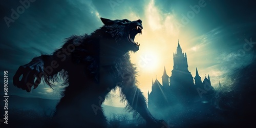 Silhouette of a werewolf roaring with an ancient castle in the background, under moonlight