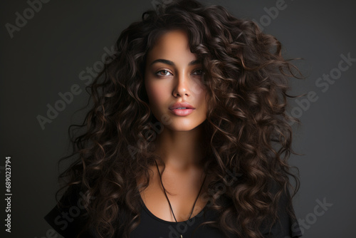 A woman with voluminous curls exudes elegance and depth in her gaze