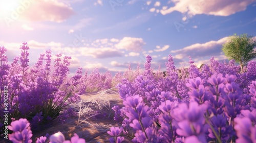 A vibrant field of lavender in full bloom, its fragrant purple blossoms swaying gently in the spring breeze.