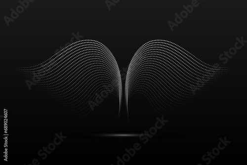 Silver wings linear wavy abstract on a black background. Angel wings. Vector graphics.