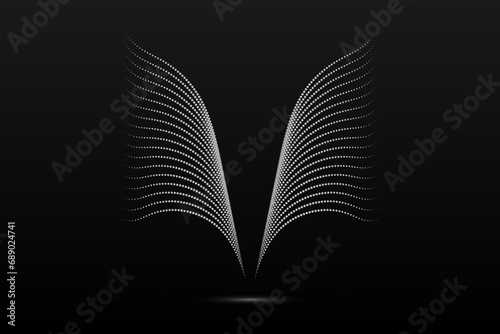 Silver wings linear wavy abstract on a black background. Angel wings. Vector graphics.