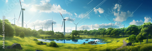 Sustainable Future Concept with Solar Panels and Wind Turbines in a Lush Green Landscape