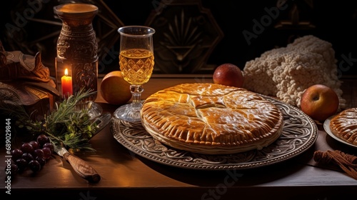 Twelfth Night Cake, galette des rois, cider glass, on a table, 