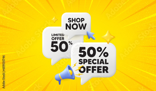 50 percent discount offer tag. 3d offer chat speech bubbles. Sale price promo sign. Special offer symbol. Discount speech bubble 3d message. Talk box megaphone banner. Vector