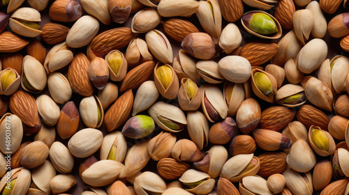 a lot of pistachios in the shell, almonds assorted nuts close-up texture, pattern. Generative AI