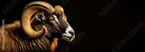 Portrait of a beautiful ram with large helix shaped horns, side view (profile), on a black background with copy space.