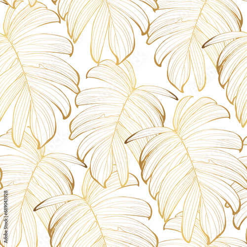 Luxury gold background. Floral seamless pattern, Golden split-leaf exotic tropical leaf with line arts illustration.