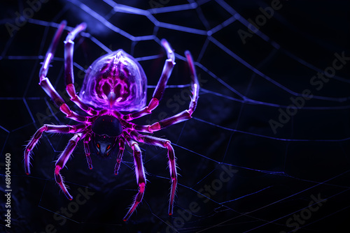 Spider on the web in the dark background in glowing neon light, UV blacklight