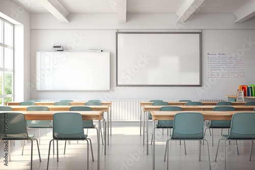 Educational space with modern interior, empty desks and blackboard for learning.
