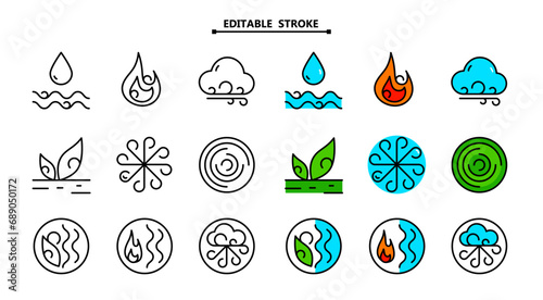 Ayurvedic outline elements water, fire, air, earth and ether icons set. Vector ayurvedic icons thin linear style