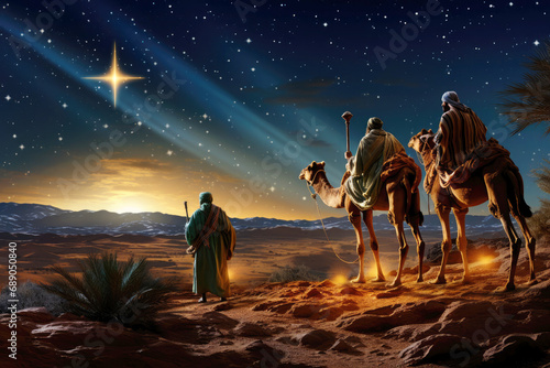 Silhouette of three wise men on camels in desert. On a background a Bright Bethlehem star. Nativity of Jesus concept. Epiphany concept