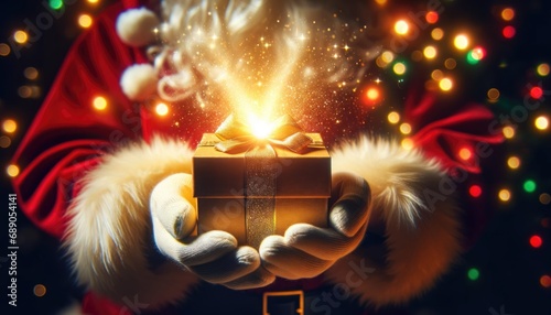 Heartwarming close-up of Santa Claus's hands as he opens a gift box, from which a dazzling golden light emerges, illuminating the scene with the spirit of Christmas. 