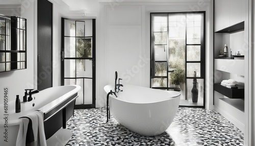 Luxury black and white bathroom with freestanding bathtub, stylish mosaic tile floor and white doors with black handle