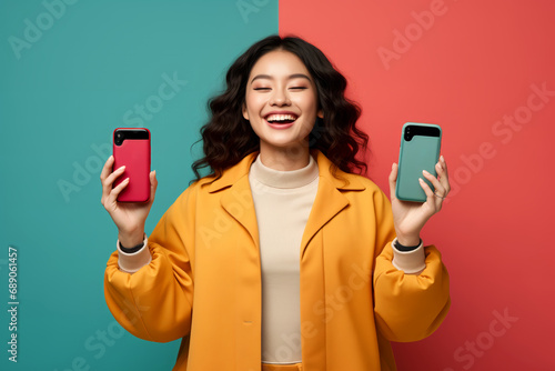 A joyful Asian woman holding a red and a teal smartphone against a split teal and coral background, illustrating a problem of choice