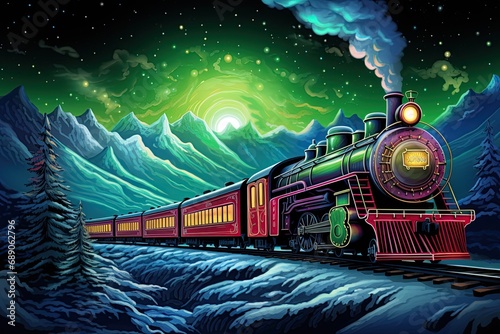 Christmas train drives through North Pole. 1800s steam locomotive in winter Landscape. Generative AI