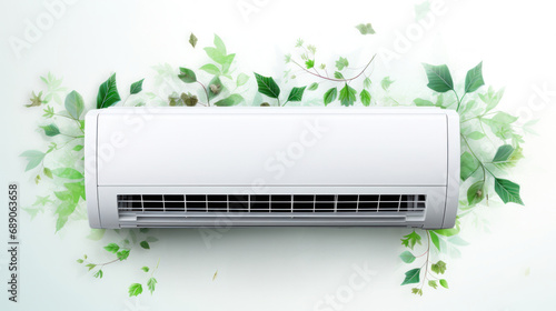 Eco-friendly air conditioner with fresh green leaves and snowflakes