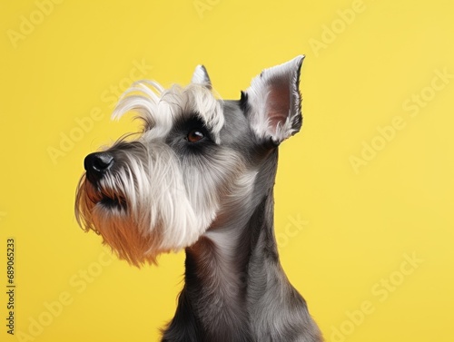 Portrait of cute miniature schnauzer dog on color background