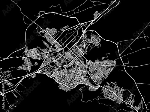 Vector road map of the city of Batna in Algeria with white roads on a black background.