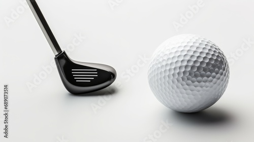 Close-up golf ball on tee with golf drivers at golf course. Isolated white background