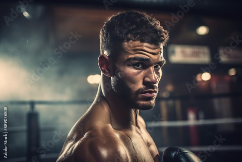 Focused boxer preparing for fight in smoky gym. Determination and sport.