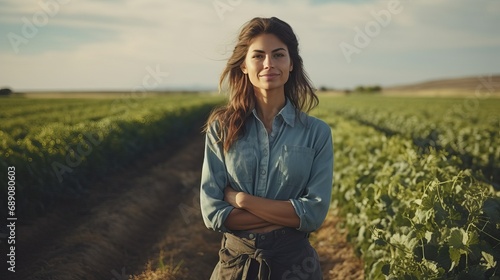 Woman farmer poses in front of her farm field, with beds of growing vegetables
