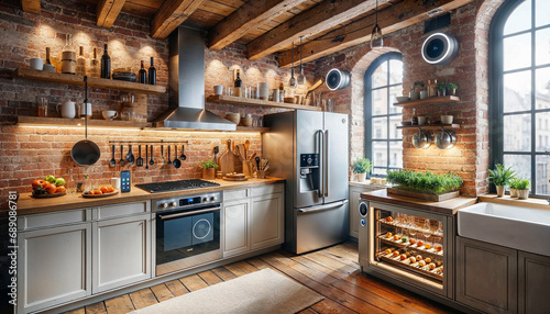 Cozy kitchen interior with brick walls and vintage style, featuring modern devices and indoor plants