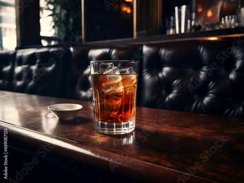 A glass of iced black tea at the bar, a nonalcoholic option. AI Generation.