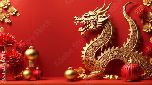 Happy Chinese New Year 2024 the dragon zodiac sign with flower, lantern, elements with red and gold color. background. Copy space