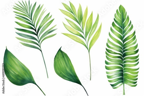 Set watercolor painting palm leaf,green leaves isolated. Watercolor hand painted illustration tropical exotic leaf for wallpaper vintage Hawaii style pattern. Generative AI