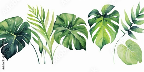 Exotic plants, palm leaves, monstera on an isolated white background, watercolor illustration, Generative AI