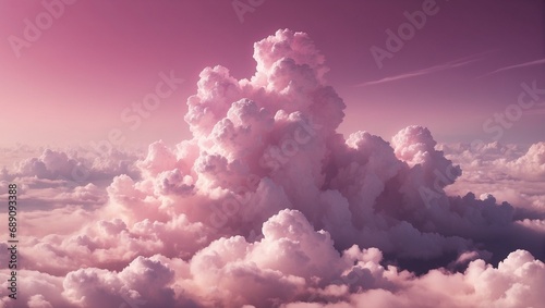 Pink fluffy cumulus clouds background. Penetrating rays of light through the sky. Pink heaven. Amazing cloudscape. Atmosphere. Wallpaper.
