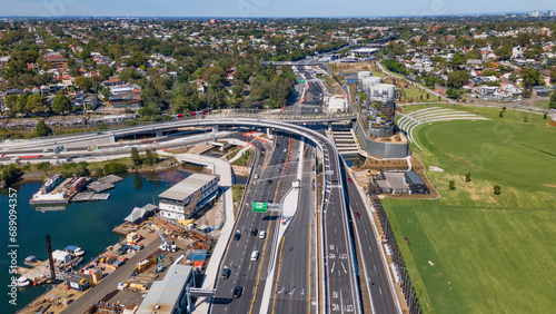 Aerial drone view at Rozelle Interchange in Sydney, NSW Australia looking toward City West Link, shot on 3 December 2023 