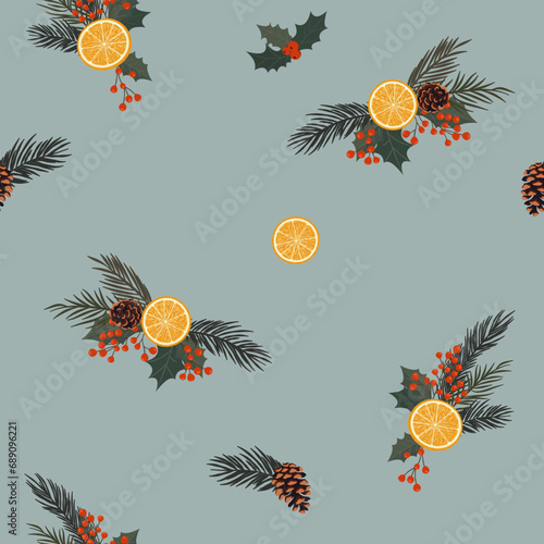 Zimowy wzór z świątecznymi stroikami, plastrami pomarańczy, choinkowymi gałązkami, szyszkami i ostrokrzewem. Bezszwowy wzór wektorowy.