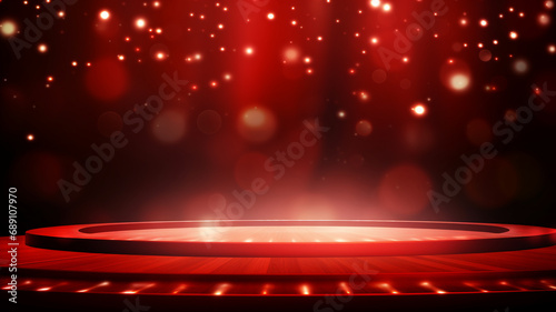 An empty stage with a sparkling red background and soft bokeh lights, ready for a performance, evoking anticipation and excitement.