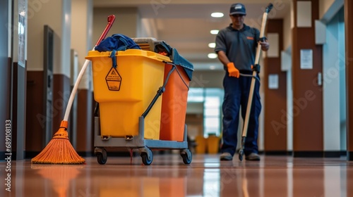 Professional Janitorial Staff Cleaning and Maintaining Public Corridor.