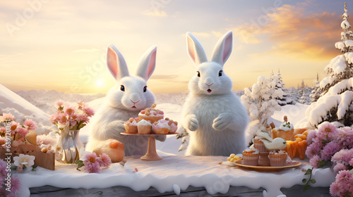 Adorable baby bunnies residing in their enclosure,A Bunny Couple on white snow background. Playful Rabbits ,happy bunnies with food on white sown,generative ai.