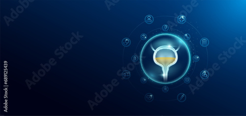 Medical health care. Human bladder in transparent bubbles surround with medical icon. Technology innovation healthcare hologram organ on dark blue background. Banner empty space for text. Vector.