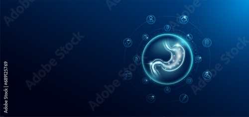 Medical health care. Human stomach in transparent bubbles surround with medical icon. Technology innovation healthcare hologram organ on dark blue background. Banner empty space for text. Vector.