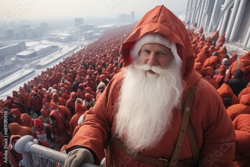 army of Santa clauses in Ukraine in winter