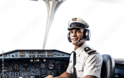 Pilot In Uniform Sitting In Airplane Cokpit Isolated on a Transparent Background PNG.