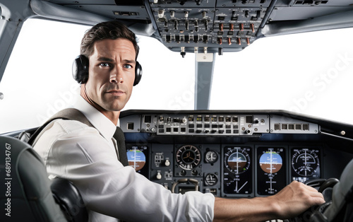 Pilot Wearing Headphone Sitting In Airplane Cokpit Isolated on a Transparent Background PNG.