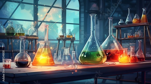 Vibrant Chemistry: Lab Flasks with Colorful Solutions. Generative ai