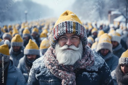 army of Santa clauses in Ukraine in winter