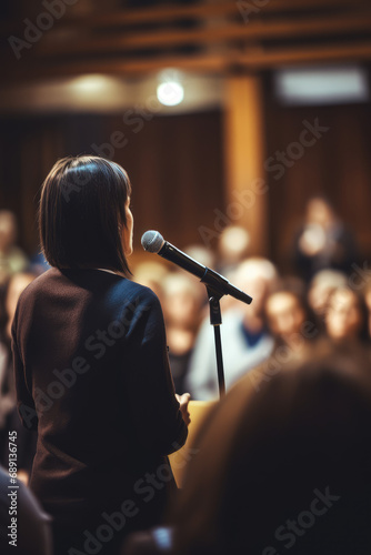 Woman speaker speaks with a microphone in front of a large audience of listeners. Master class, educational lecture, self-development, business speech at the conference, vertical.