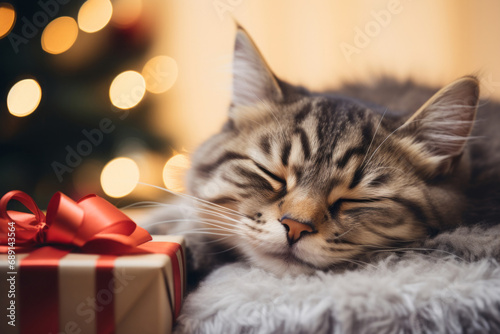 Close up of cat sleeping with Christmas decoration background