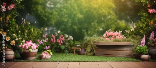 Garden background for photoshoot and babysitter session Copy space image Place for adding text or design