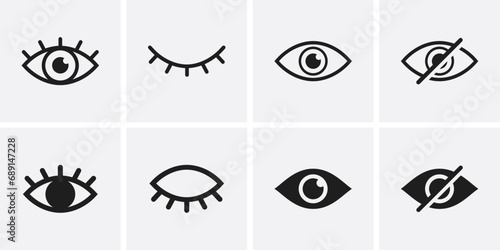 See and unsee eye icon set. Hidden and view eye icon vector. Visible invisible icon symbol collection
