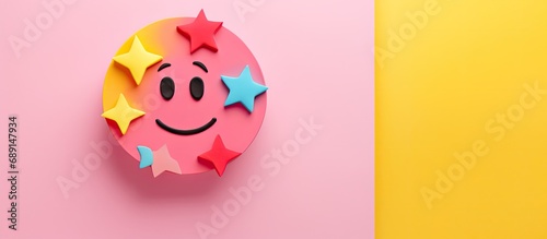 Emoji on colorful round paper with grunge star on pink background for positive feedback mental health evaluation child well being concept Copy space image Place for adding text or design